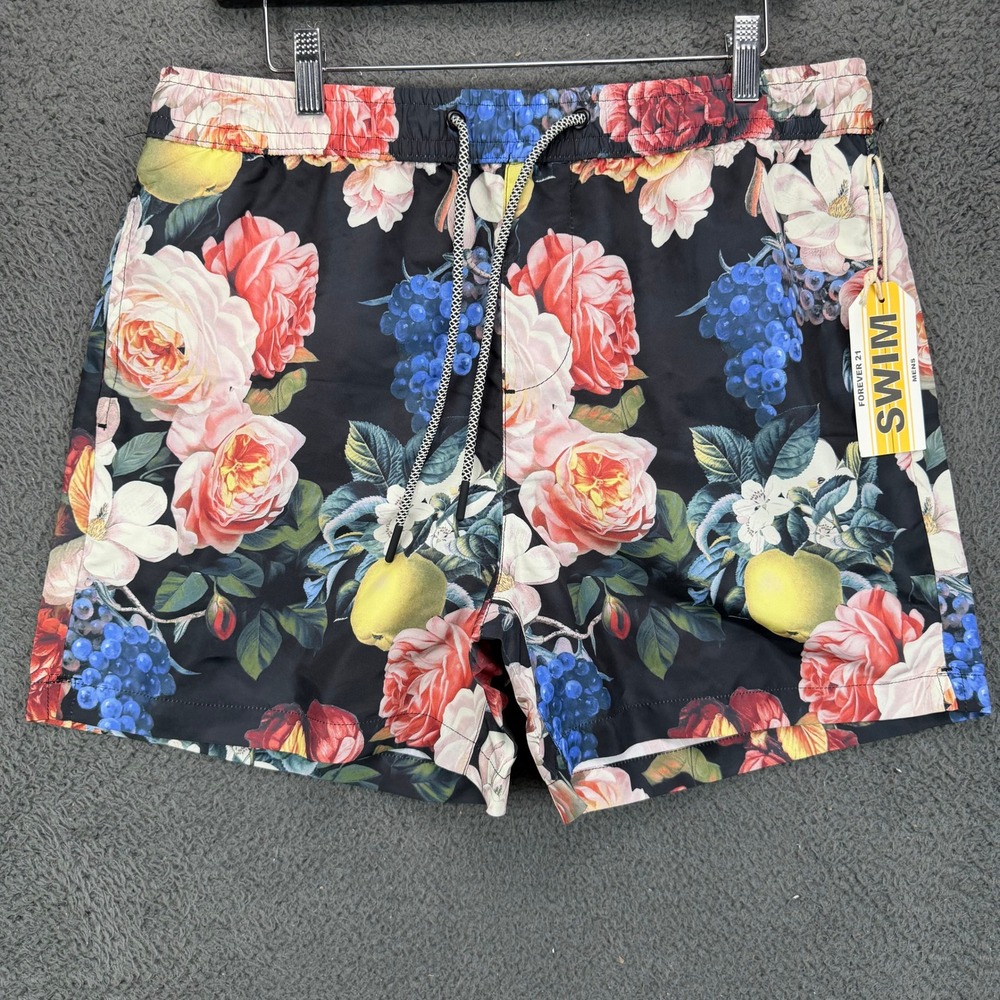 Forever 21 Men Floral Fruit Print Swim Trunks Black Large NWT 11932-001